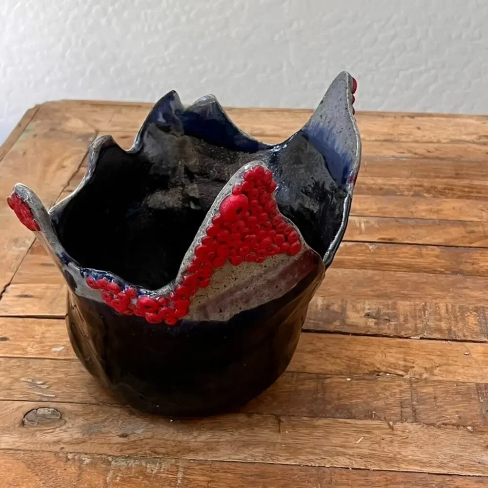 Handcrafted Abstract Ceramic Planter Vase Textured Dark Glaze